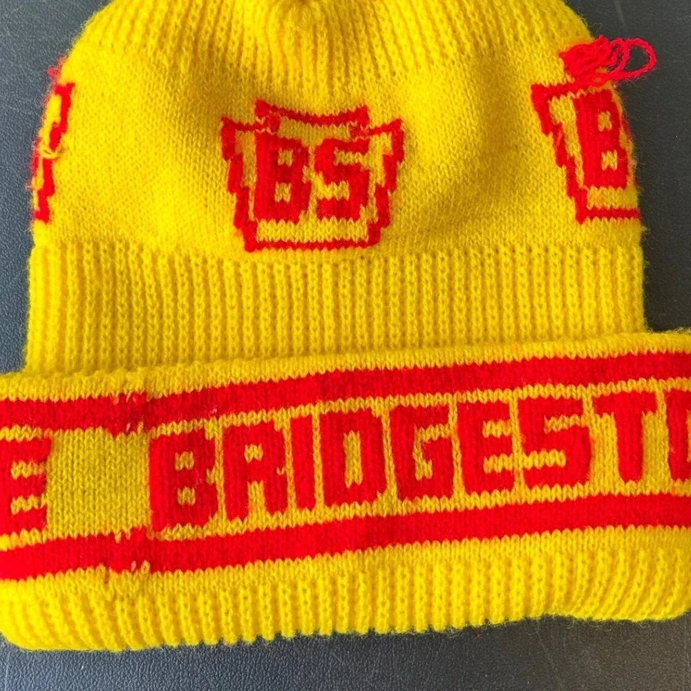 Vintage Bridgestone Beanie Hat Yellow Red Pom Pom Knit Winter Ski